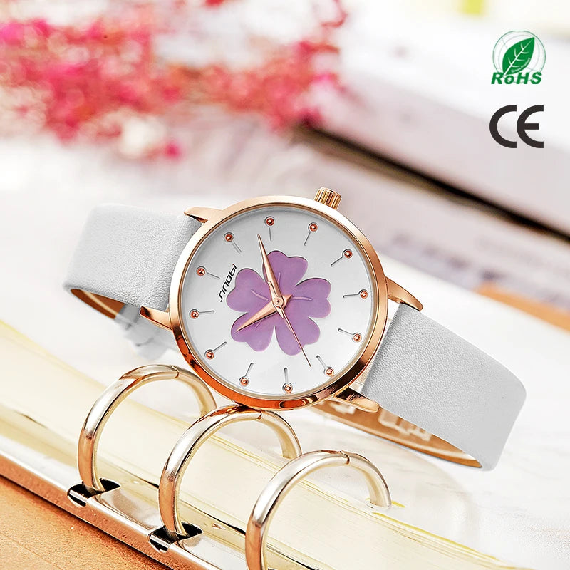 SINOBI Girls' Waterproof Quartz Watch – Colorful Dial, Leather Strap, Fashion Wristwatch