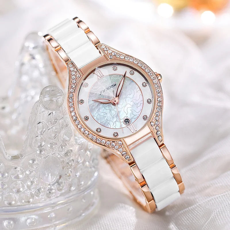 Sinobi Women's Luxury Quartz Watch – Ceramic Strap, Waterproof, Auto Date
