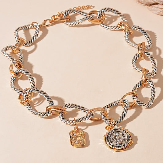 Retro Coin Pendant Necklace – Handmade Thick Chain Statement Jewelry for Women