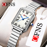 OFNS Women’s Square Quartz Watch – Elegant Roman Dial, Stainless Steel Strap