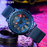 Sanda Men’s Quartz Watch – Hollow Dial, Mesh Stainless Steel Band, Waterproof Timepiece