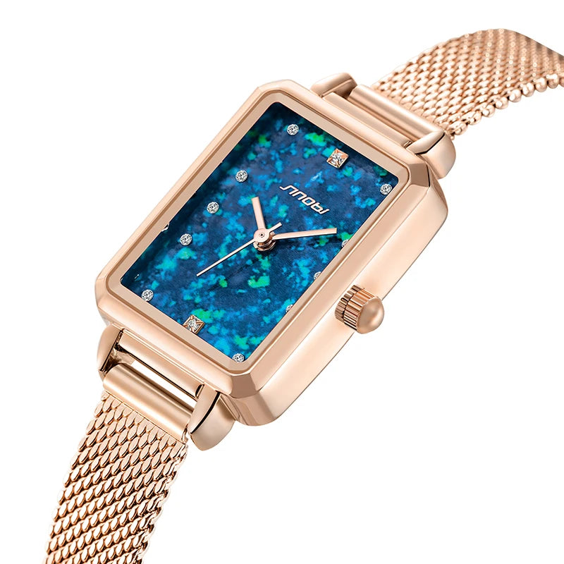 SINOBI Women's Rectangle Quartz Watch – Stainless Steel Strap, Luxury Timepiece