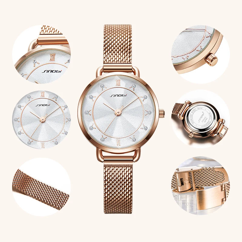 Sinobi Women's Ultra-Thin Quartz Watch – Mesh Strap, 29mm Fashion Timepiece