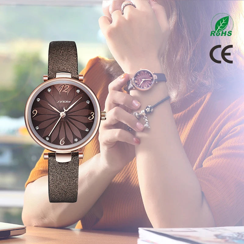 SINOBI Ultra Thin Women's Quartz Watch – Diamond Dial, Japan Movement, Leather Strap