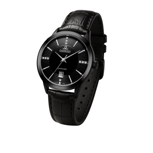 Oshrzo Men's Classic Black Quartz Watch – With Leather Strap & Calendar Dial