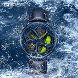Sanda Men’s Leather Quartz Watch – Hollow Rotatable Dial, Waterproof Casual Timepiece