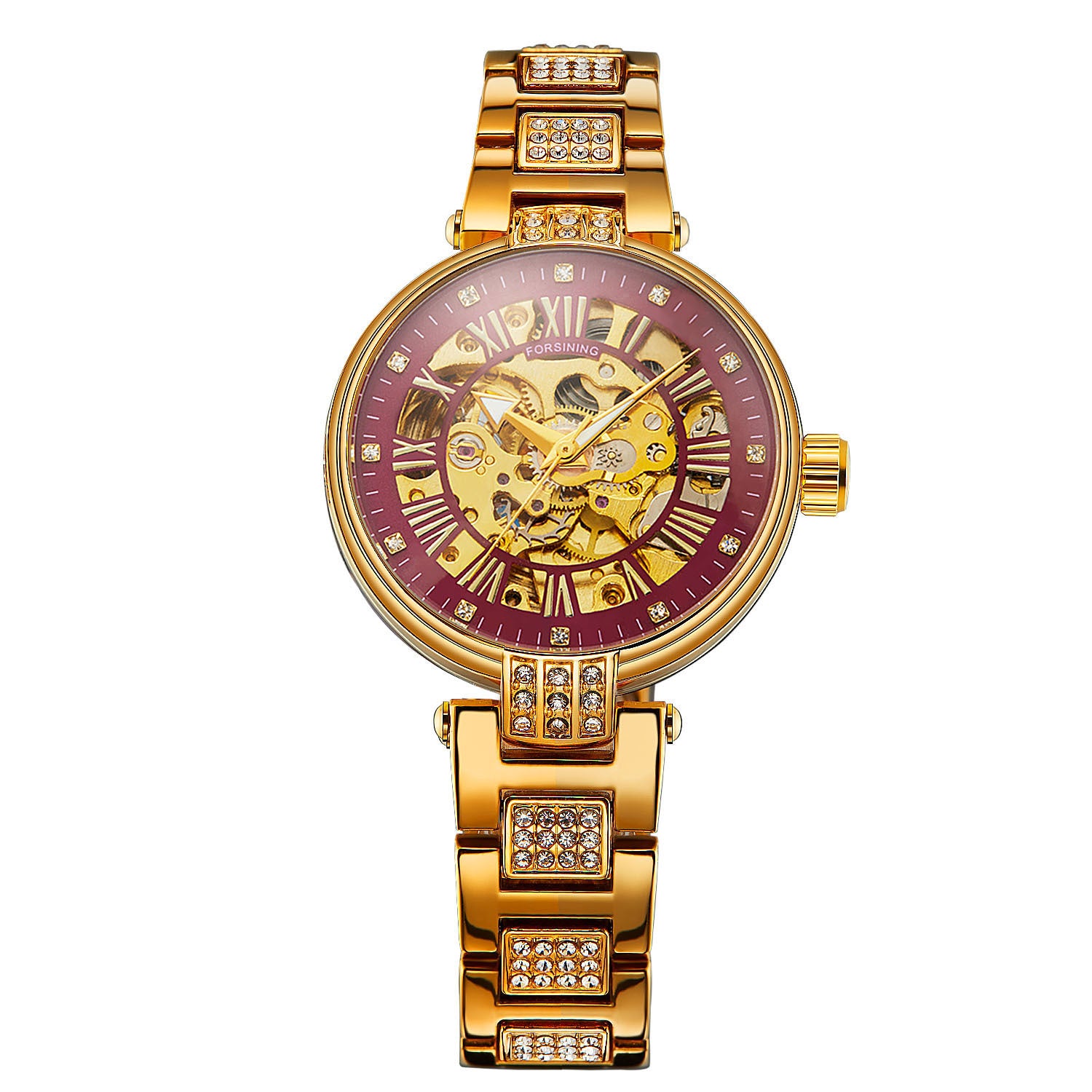 Forsining Women's Automatic Mechanical Watch with Hollow Dial and Rhinestone Design