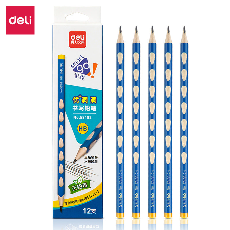Deli elementary school student non-toxic hole pencil first grade kindergarten hb thick rod 2b hole pen triangle Rod wholesale