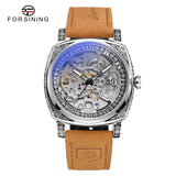 Forsining Men's Retro Mechanical Watch – Carved Skeleton Dial, Square Case