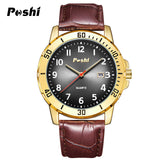 POSHI Men's Leather Strap Watch – Waterproof Quartz, Date Display, Luminous Dial