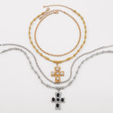 Exaggerated Cross Pendant Necklace – Rhinestone Layered Chain Jewelry for Women