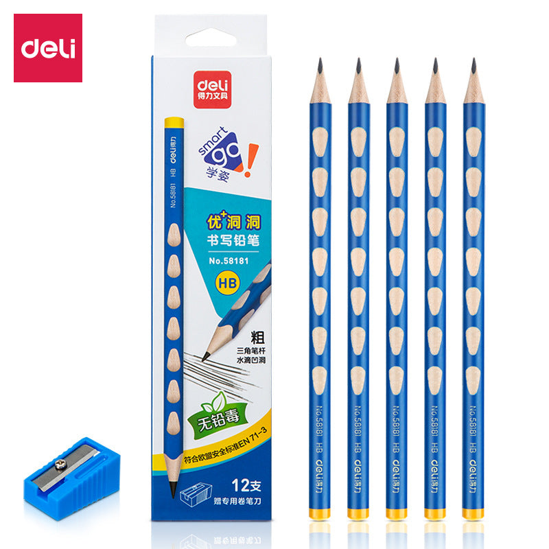 Deli elementary school student non-toxic hole pencil first grade kindergarten hb thick rod 2b hole pen triangle Rod wholesale