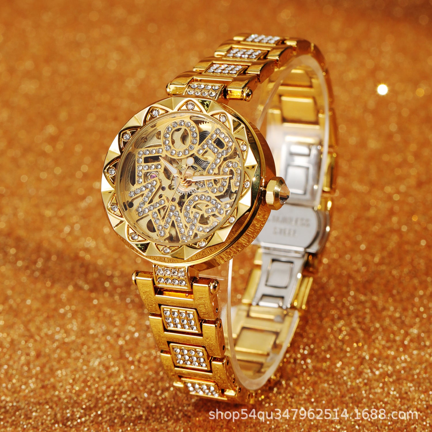 Forsining Women's Mechanical Watch with Hollow Dial and Rhinestone Details