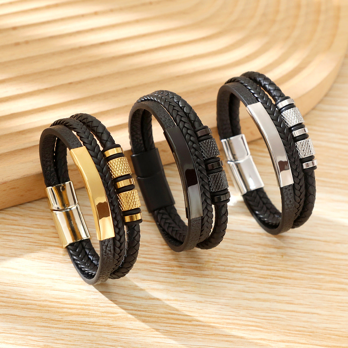 Europe and the United States cross-border best-selling geometric multi-layer hand-woven leather bracelet fashion men's alloy magnet buckle bracelet