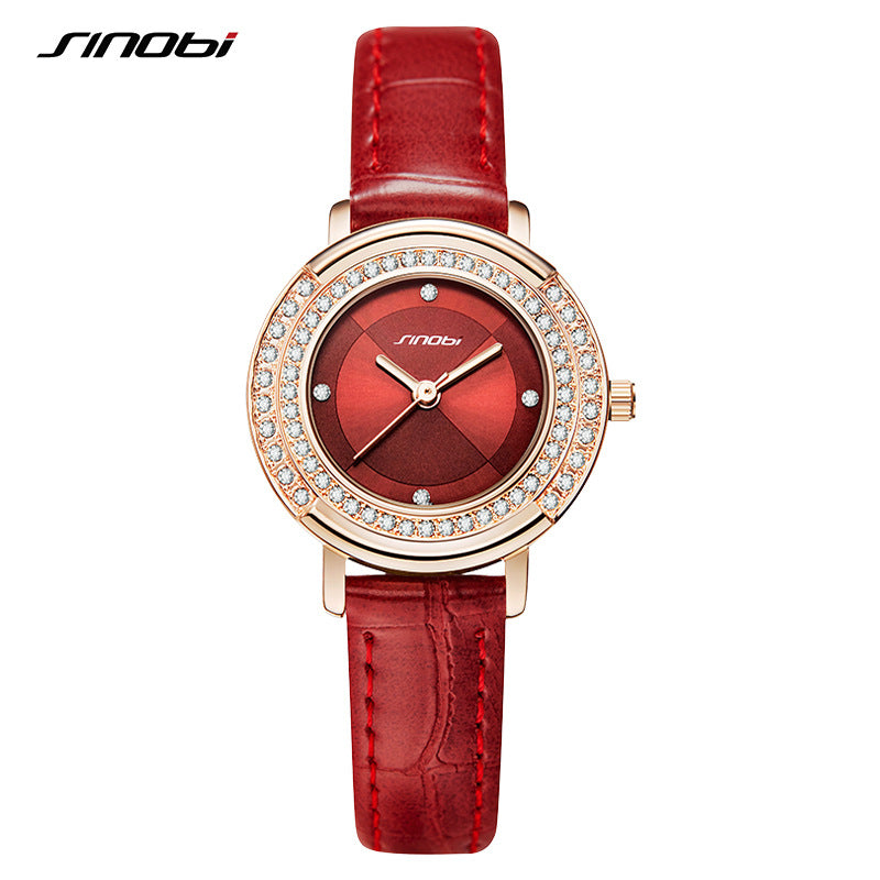 Sinobi Women's Fashion Quartz Watch – Diamond Dial, Leather Strap, Waterproof