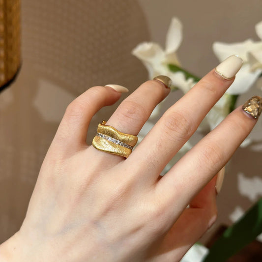 Medieval Leaf Zircon Ring – Gold Brushed Copper Statement Ring for Women