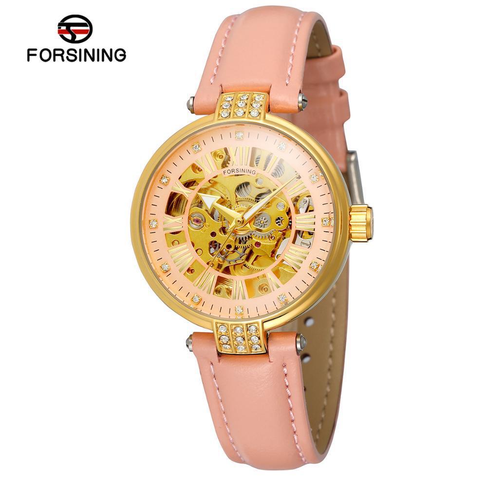 Forsining Women's Fashion Automatic Watch with Hollow Dial and Rhinestone Leather Strap