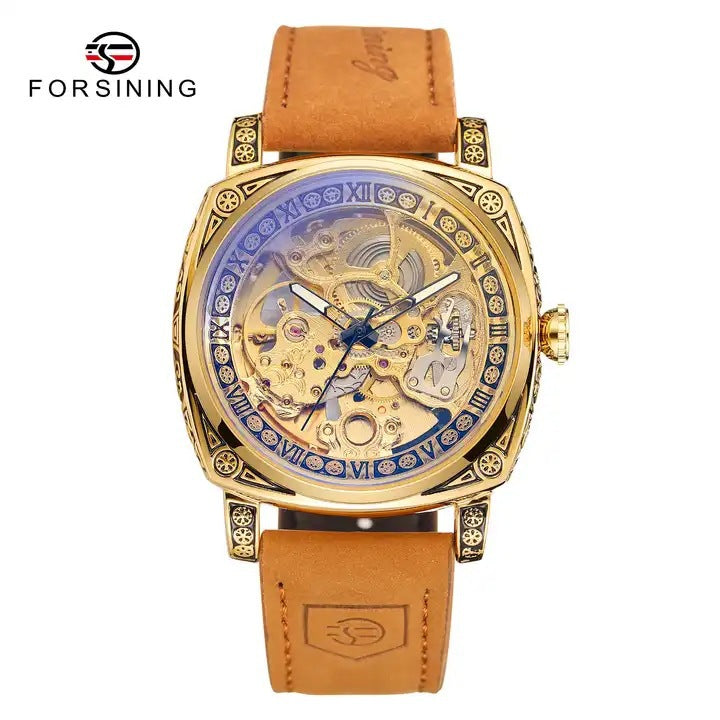 Forsining Men's Retro Mechanical Watch – Carved Skeleton Dial, Square Case