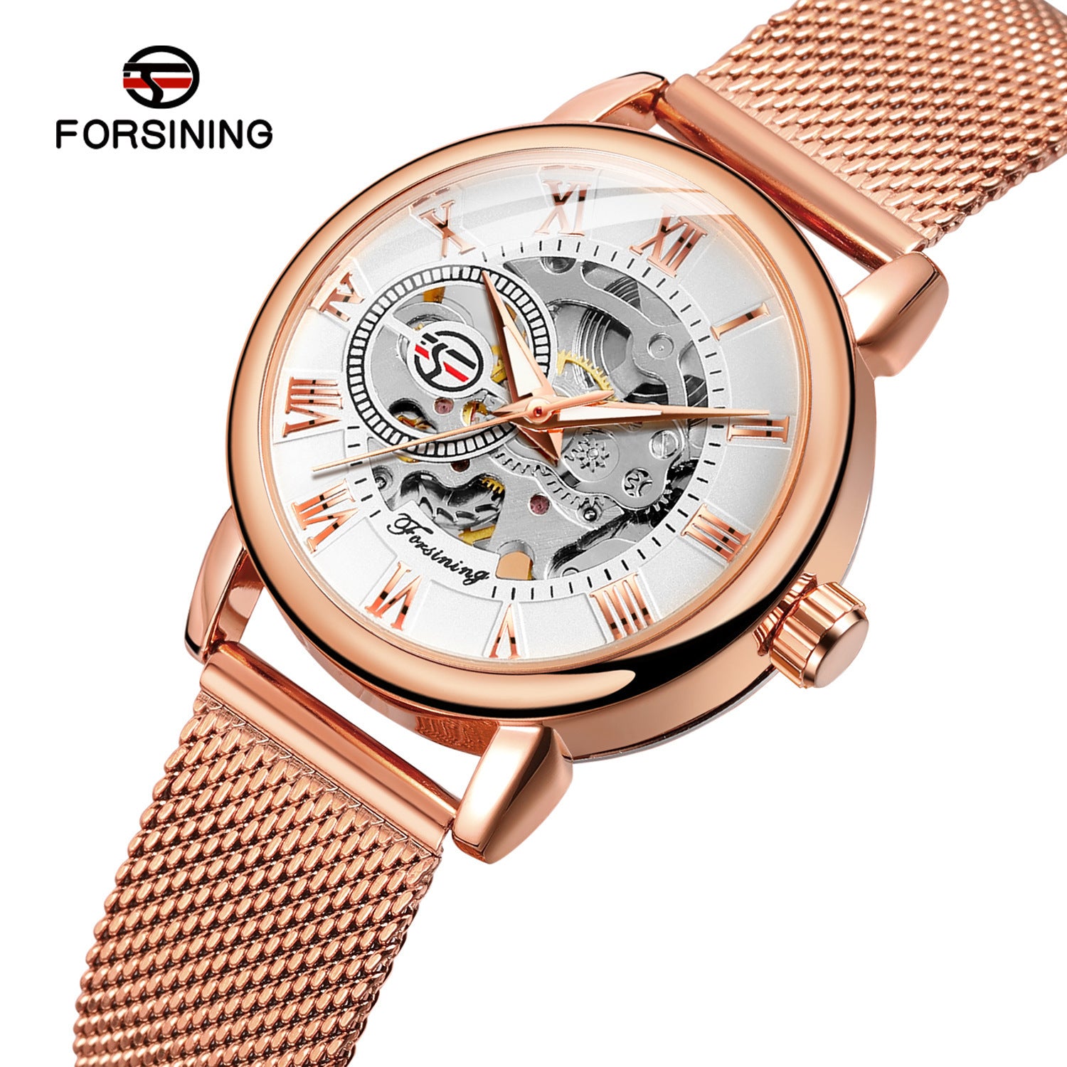 Forsining Women's Skeleton Mechanical Watch with Hollow Dial and Mesh Strap