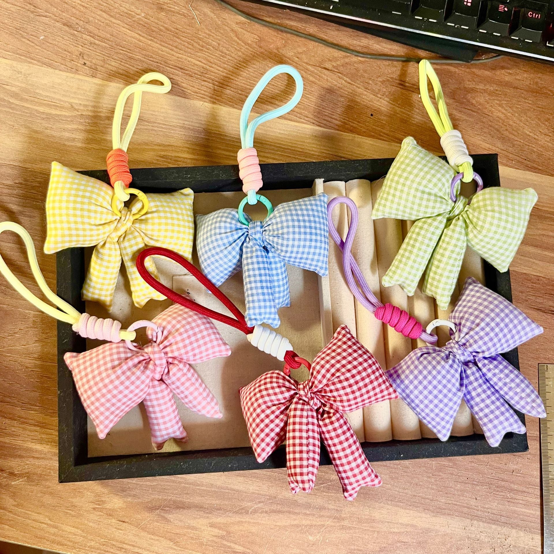 Korean Ins Style Simple Blue and Pink Plaid Bow Accessories Keychain Cute and Sweet High-End Bag Pendant