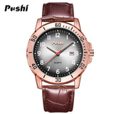 POSHI Men's Leather Strap Watch – Waterproof Quartz, Date Display, Luminous Dial