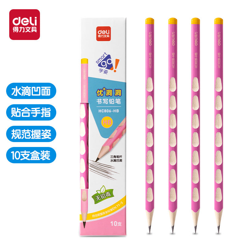Deli elementary school student non-toxic hole pencil first grade kindergarten hb thick rod 2b hole pen triangle Rod wholesale