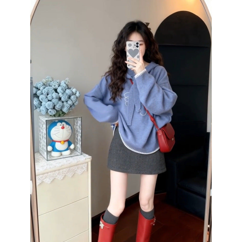 Autumn and Winter Thickened Outer Knitwear Loose Lazy High-End Top Bird Design Pullover Hooded Knitwear for Women