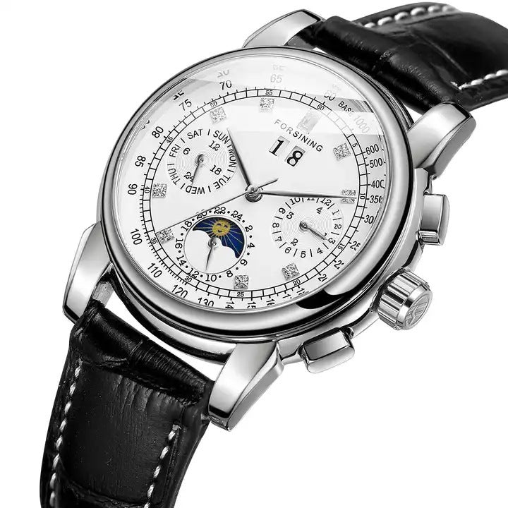 FORSINING Women's Automatic Mechanical Watch with Moon Phase, Calendar, and Leather Strap