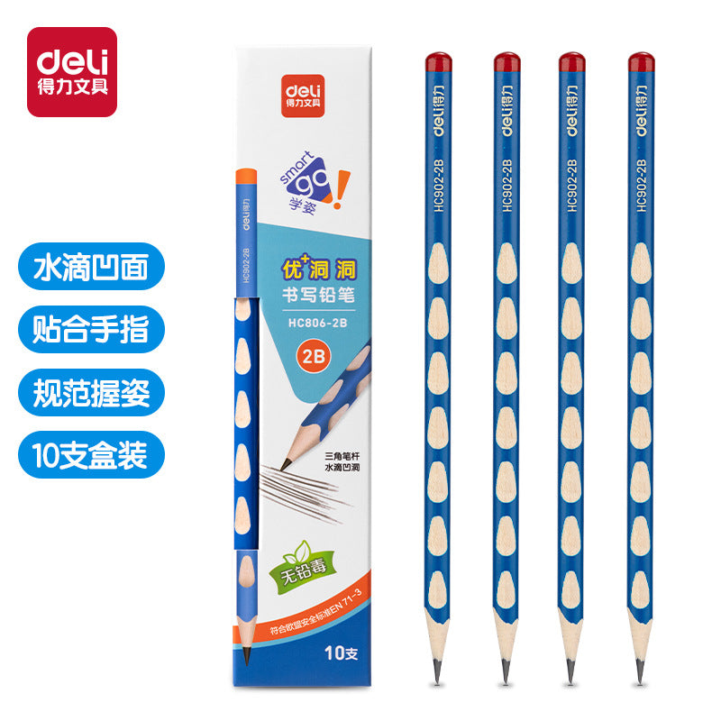Deli elementary school student non-toxic hole pencil first grade kindergarten hb thick rod 2b hole pen triangle Rod wholesale