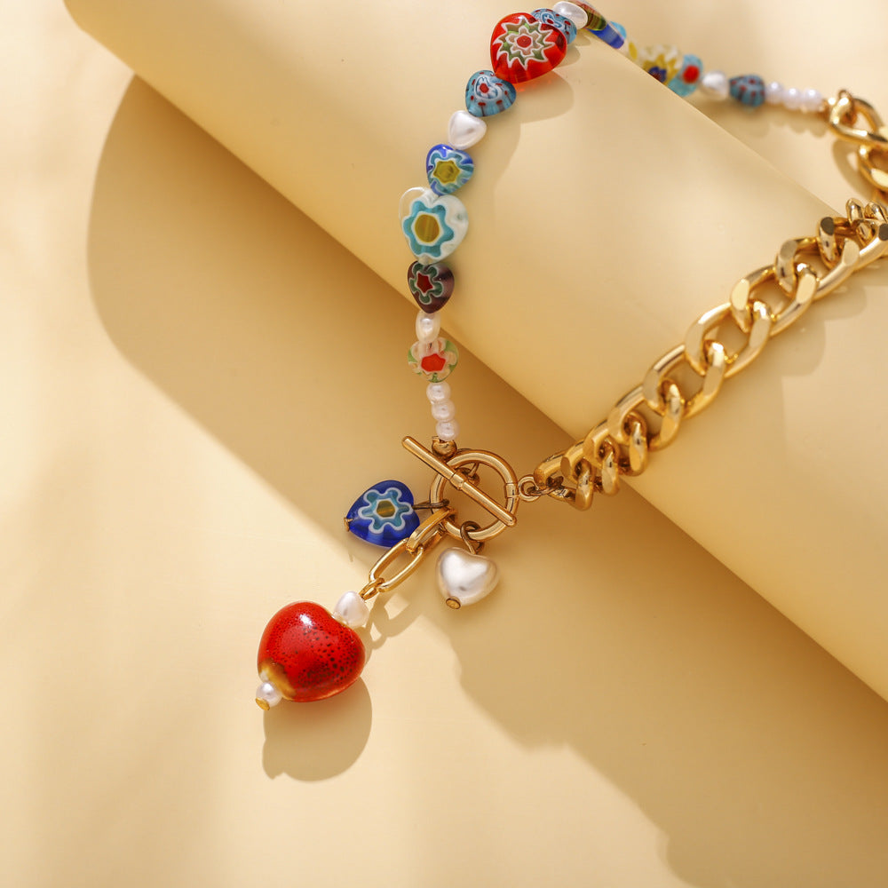 European and American Cross-border Bohemian Glaze Love Necklace Ethnic Style Elegant Pearl Collarbone Necklace Jewelry for Women
