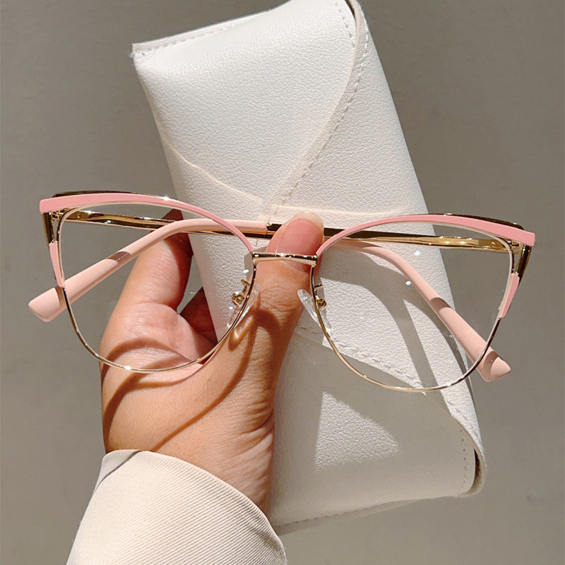 Cross-border New Cat's Eye Plain High-end Anti-blue Glasses Metal Frame Business Office Configurable Power Flat Glasses