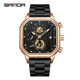 SANDA Men's Stainless Steel Square Quartz Watch – Multifunction Calendar Waterproof Timepiece