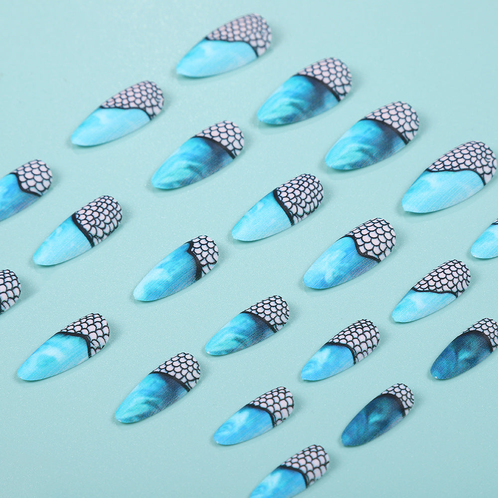 Blue Ocean Almond Press-On Nails – Mesh Design, Teardrop Style, Glossy Finish Nail Art Set
