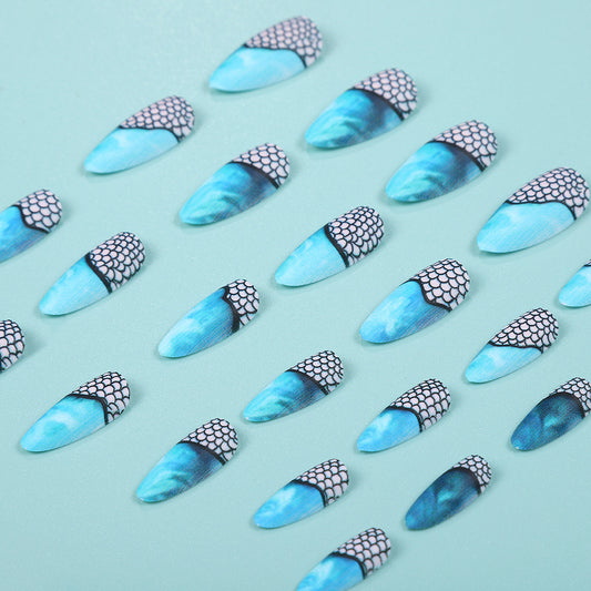 Blue Ocean Almond Press-On Nails – Mesh Design, Teardrop Style, Glossy Finish Nail Art Set