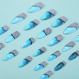 Blue Ocean Almond Press-On Nails – Mesh Design, Teardrop Style, Glossy Finish Nail Art Set
