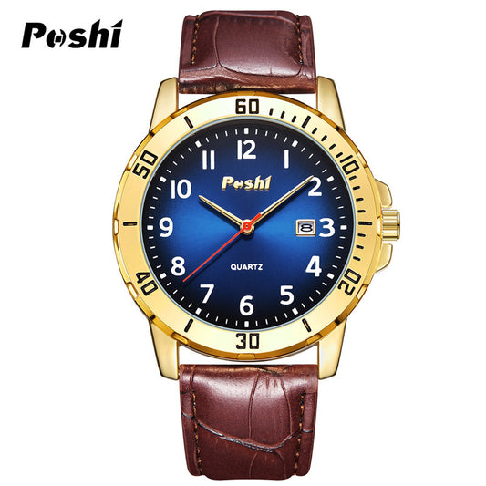 POSHI Men's Leather Strap Watch – Waterproof Quartz, Date Display, Luminous Dial