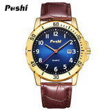 POSHI Men's Leather Strap Watch – Waterproof Quartz, Date Display, Luminous Dial