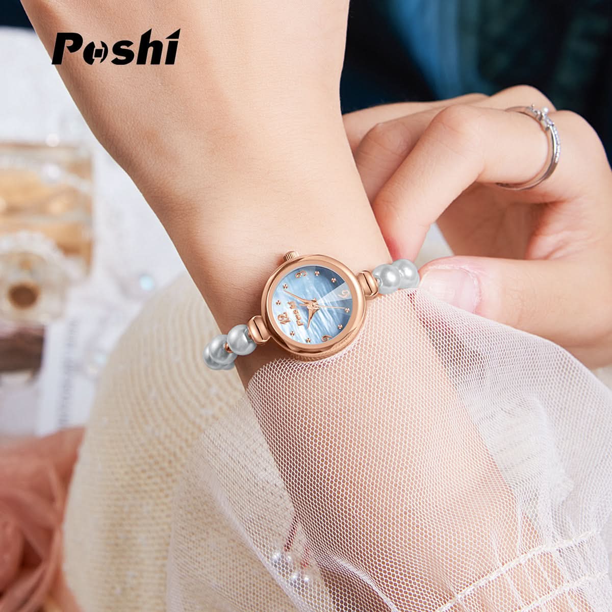 POSHI Women's Pearl Bracelet Quartz Watch