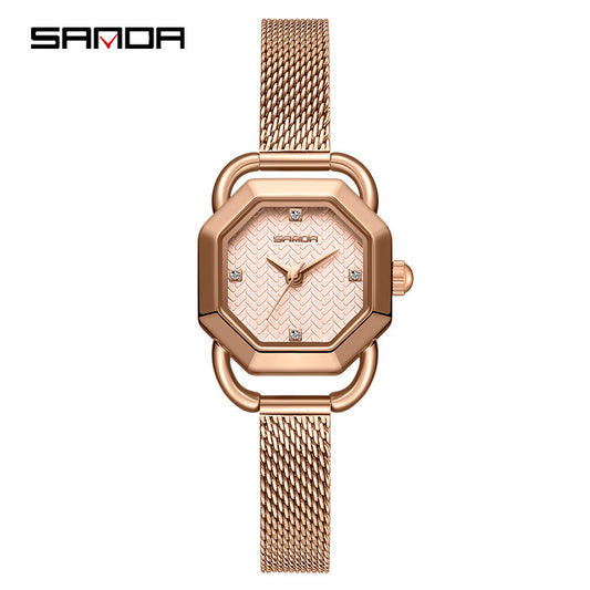 Sanda Women’s Octagonal Quartz Watch – Mesh Steel Band, Waterproof Casual Watch