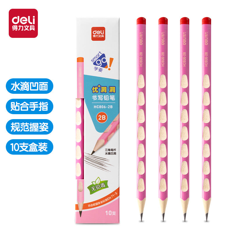 Deli elementary school student non-toxic hole pencil first grade kindergarten hb thick rod 2b hole pen triangle Rod wholesale