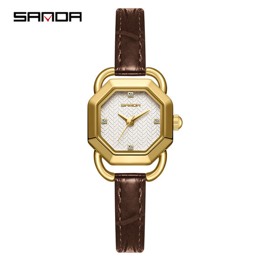 Sanda Women’s Leather Strap Quartz Watch – Octagonal Dial, Waterproof Analog Watch