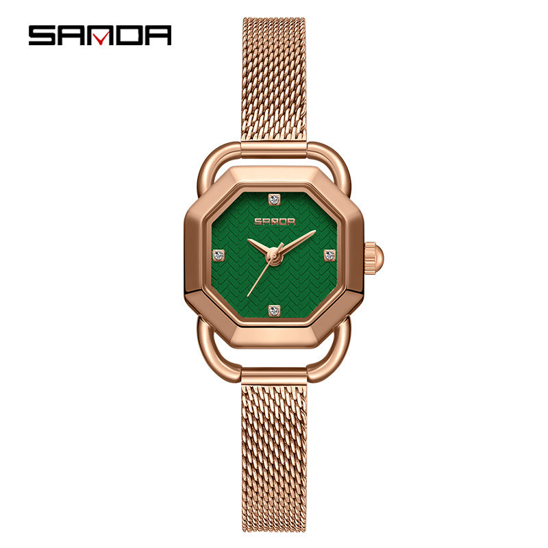 Sanda Women’s Octagonal Quartz Watch – Mesh Steel Band, Waterproof Casual Watch