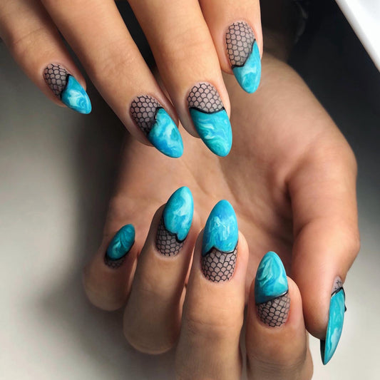 Blue Ocean Almond Press-On Nails – Mesh Design, Teardrop Style, Glossy Finish Nail Art Set