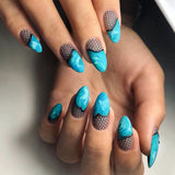 Blue Ocean Almond Press-On Nails – Mesh Design, Teardrop Style, Glossy Finish Nail Art Set