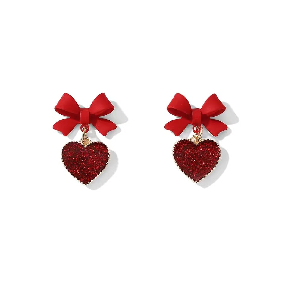 S925 silver needle red bow stud earrings 2024 new trendy lovely earrings ins style South Korea design earrings