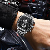 SANDA Men's Stainless Steel Square Quartz Watch – Multifunction Calendar Waterproof Timepiece