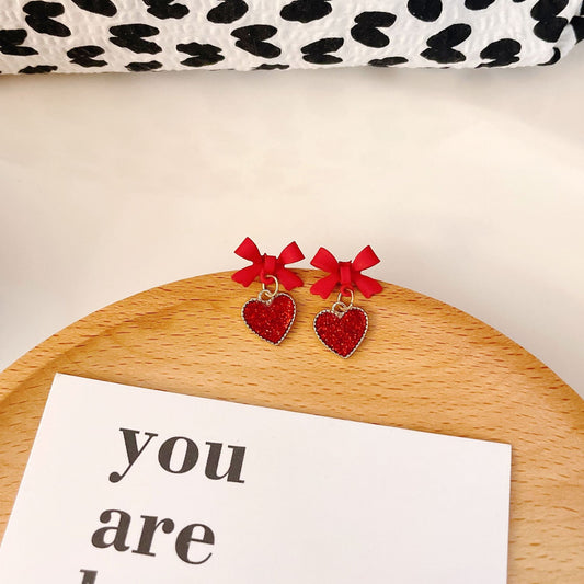 S925 silver needle red bow stud earrings 2024 new trendy lovely earrings ins style South Korea design earrings