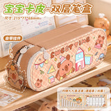 Pu Double-Layer Large-Capacity Pencil Case with Cartoon Capybara Theme, Pencil Box for Primary and Secondary School Students, Stationery Storage Bag with Compartments