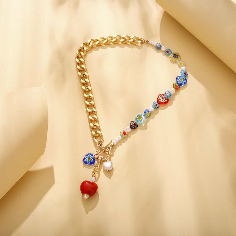 European and American Cross-border Bohemian Glaze Love Necklace Ethnic Style Elegant Pearl Collarbone Necklace Jewelry for Women