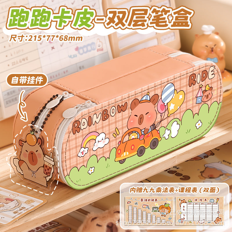 Pu Double-Layer Large-Capacity Pencil Case with Cartoon Capybara Theme, Pencil Box for Primary and Secondary School Students, Stationery Storage Bag with Compartments